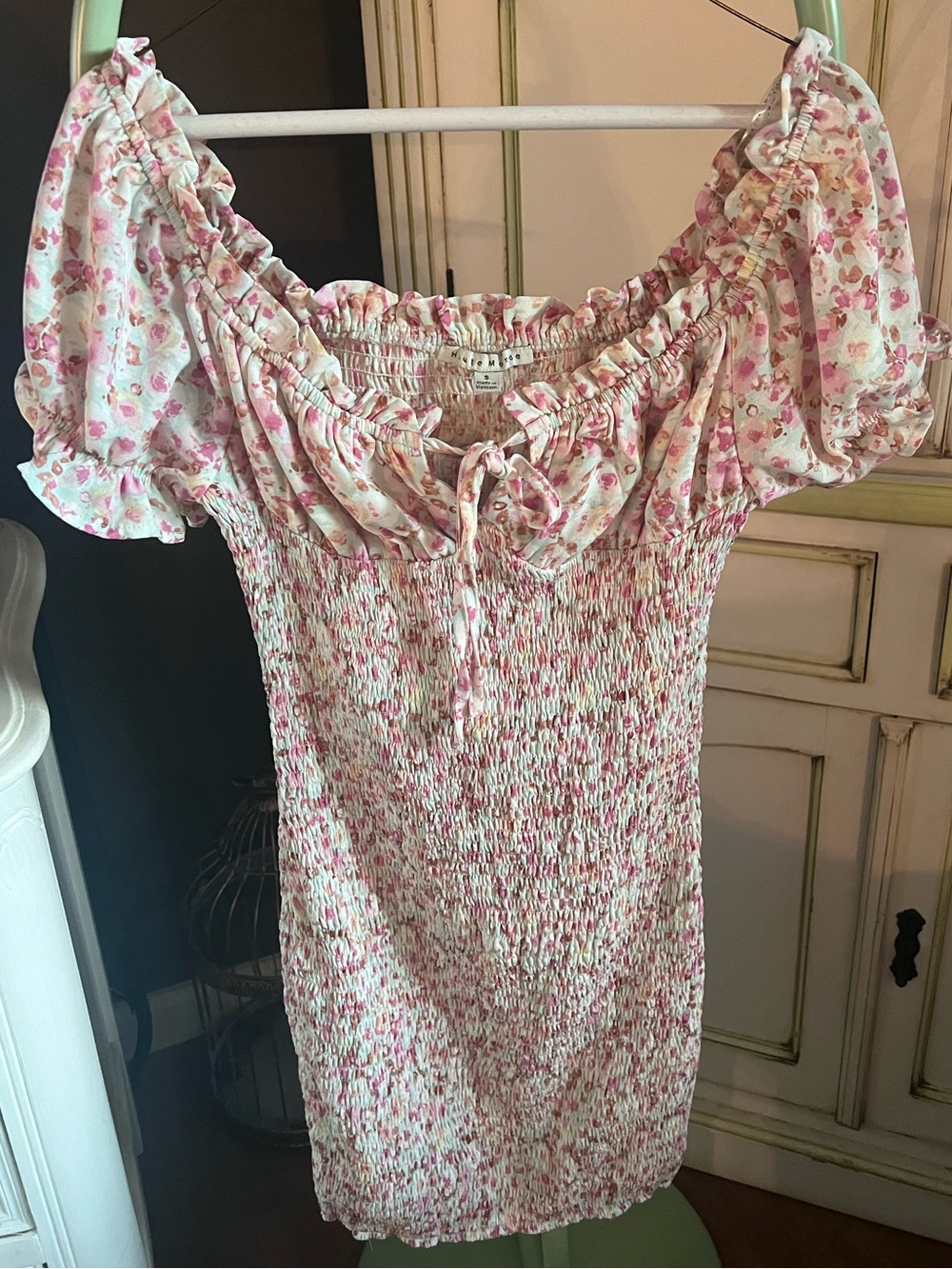 Haute Monde Pink Pastel Floral fitted Smocked Off-Shoulder Mini Dress